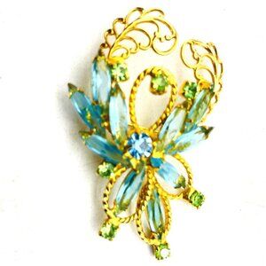 Vintage Filigree Bouquet Brooch Gold Tone Blue Green Rhinestones Nature Garden